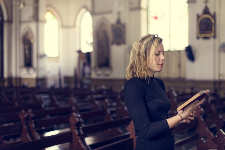 Woman Standing Church Religion Concept